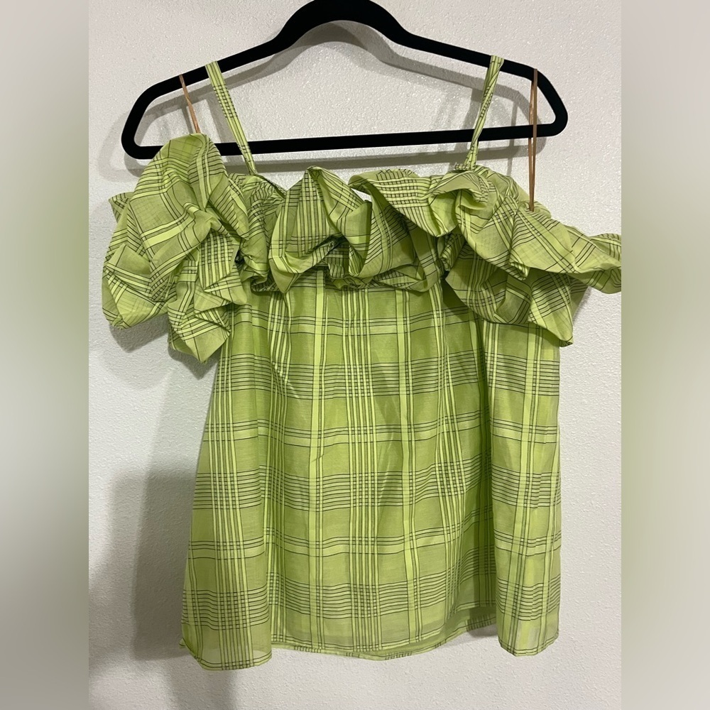 Trina Turk green plate off shoulder top NWT size S summer resort, black striped - Picture 6 of 8